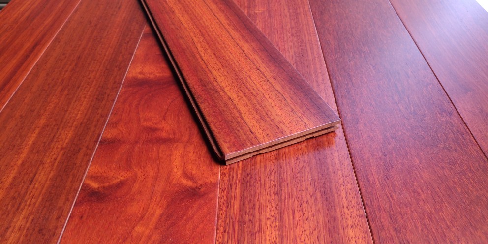 Parquet Padouk rouge flamboyant — salon contemporain — essence africaine